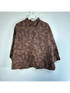 Chico's Button-Up Blouse Size 2 Brown Geometric Print 3/4 Sleeve Silk Linen Top